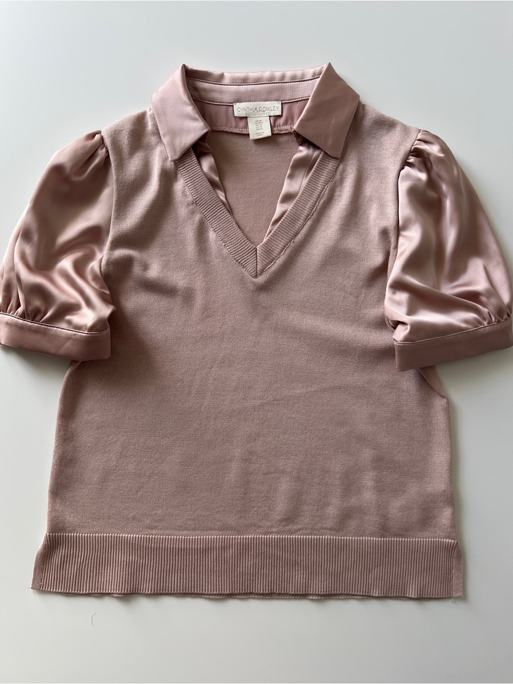 Cynthia Rowley Blush Pink Mixed Media Sweater Top Satin Puff Sleeve M - Picture 2 of 13